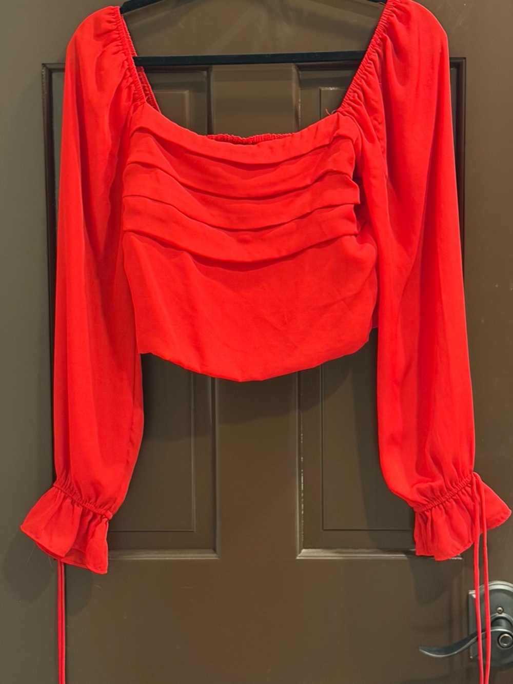 miami Red Ruched Long-Sleeve Cropped Blouson Top